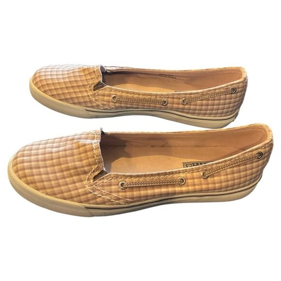 Sperry Top Sider Slip Ons Plaid Peach Brown & Cream Shoes size 9M - Picture 4 of 8